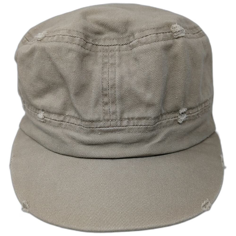 Army Cap Beige One Size Hat Distressed Frayed Cotton Military Cadet Style Flat